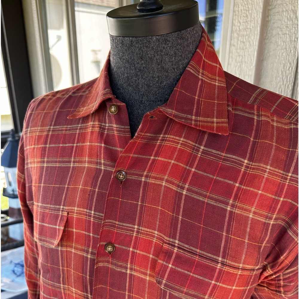 HAROLD POWELL Vintage Men’s Linen Rust Colored Plaid Sport Shirt - Size Medium